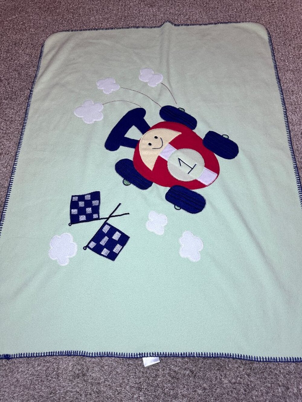 Fleece Baby Blanket Green w/ Red Appliqued Race Car Flags Sewn Edge